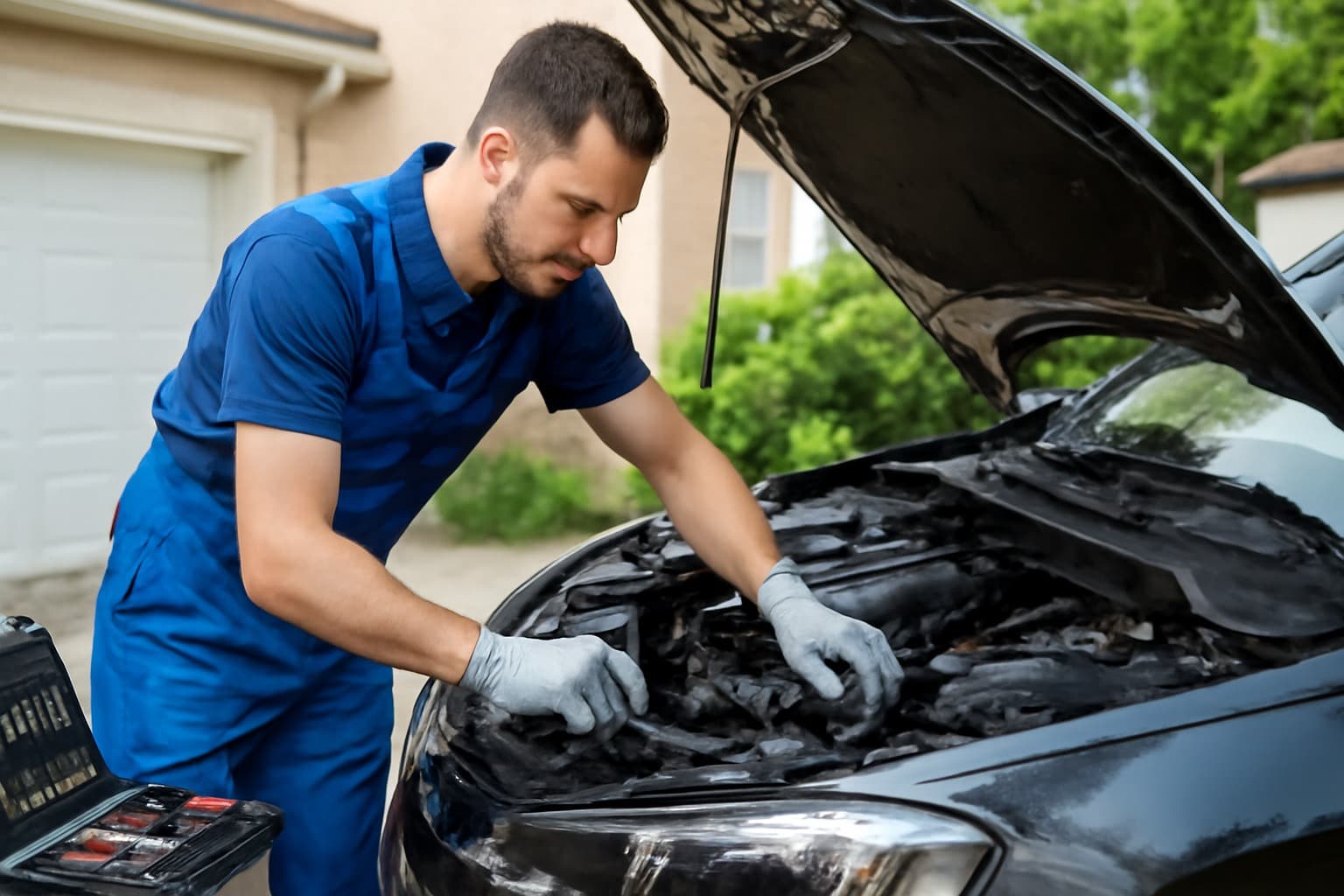 Mechanic inspecting an engine bay during mobile support