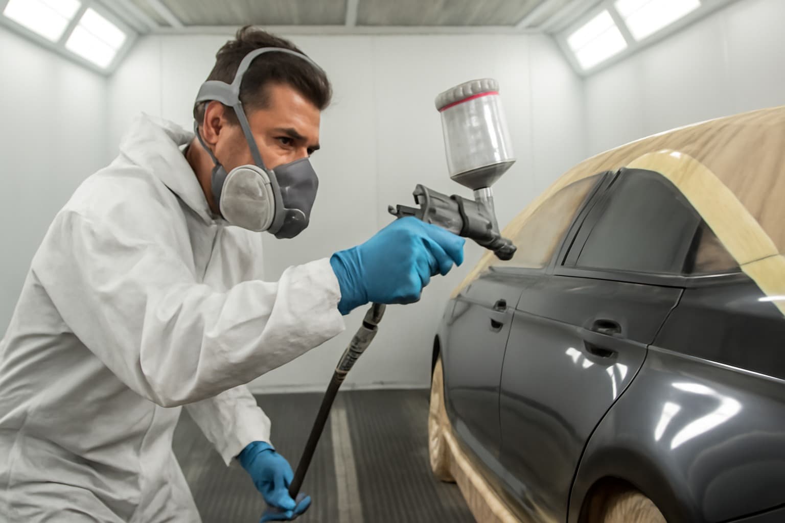 Paint technician spraying a vehicle panel in a paint booth