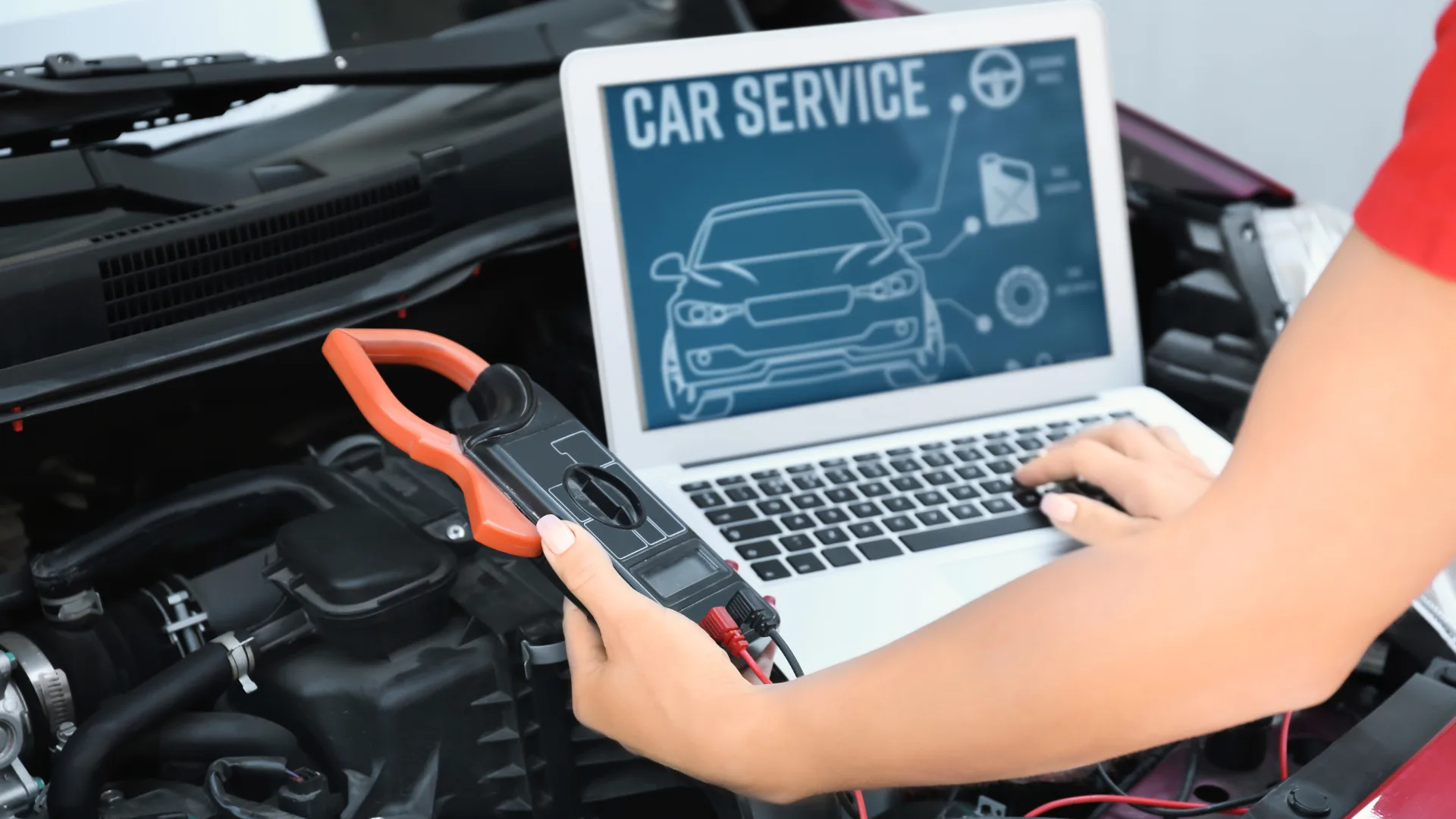 The GTS car mechanic is running the modern vehicle diagnostics